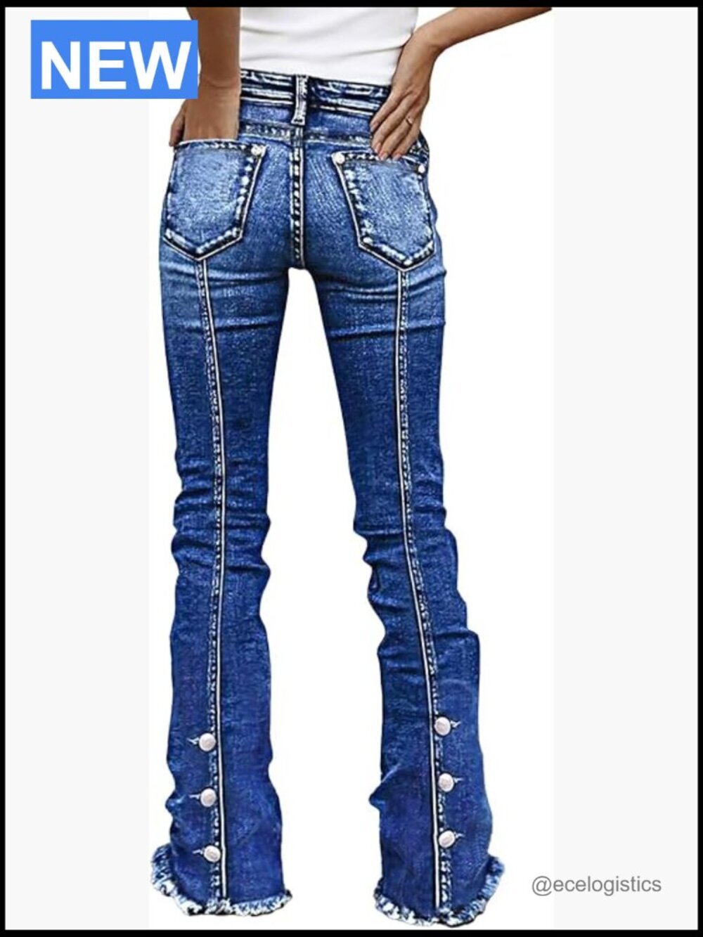 Mid Rise Bootcut Jeans Raw Hem Back Button Decor Stretch Denim Pockets